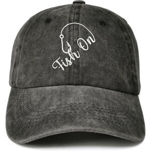 Unisex Black Washed Fishing Fish on Embroidery Adjustable Classic Baseball Cap